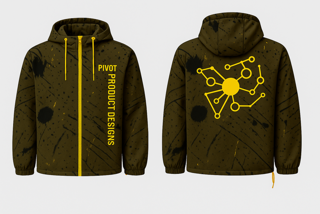 Camo windbreaker hooded jacket with yellow text and design on a white background front and back view.