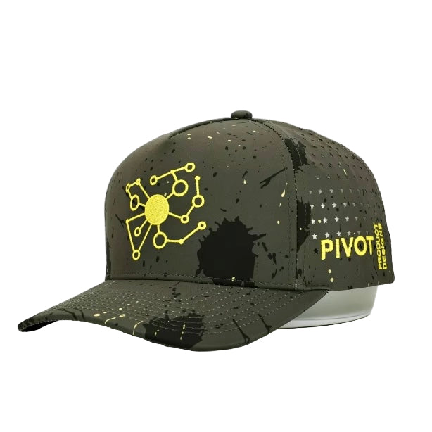Angled front view of Pivot Product Designs hat showing yellow embroidery and camo pattern design.