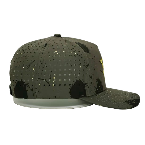 Side view of Pivot hat featuring breathable holes in USA stars and camo material.