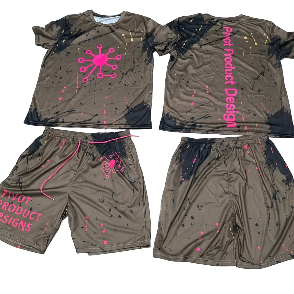 Camo print breathable athletic outfit with pink graphics and text on a white background.