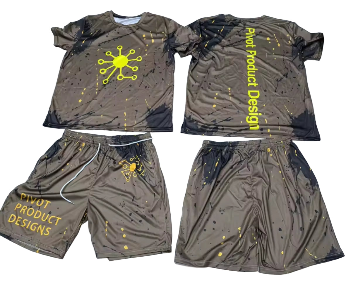 Camo soft, lightweight workout t-shirt and shorts set with yellow designs and text on a white floor.
