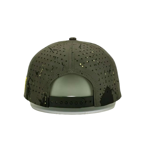 Back view of Pivot Product Designs hat with adjustable black snapback closure and American star shaped hole.