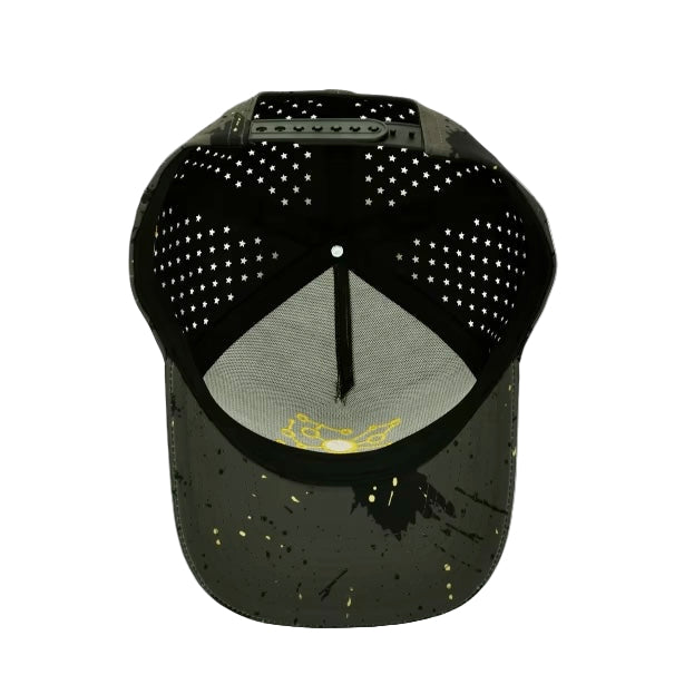 Inside view of Pivot Product Designs hat showing star ventilation holes, mesh lining, and yellow embroidered underside logo